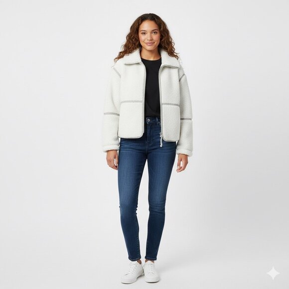 Size Small Abercrombie & Fitch White Sherpa Fleece Full Zip Jacket - Picture 6 of 6